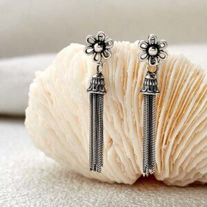 Antiqued 925 Sterling Silver Flower W Tassel Dangle Stud Earrings,